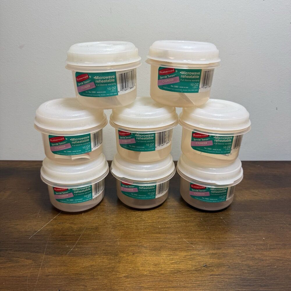 8 Vtg. Rubbermaid Servin Saver 1 Cup #6 Storage Container Almond Lids NOS 1991